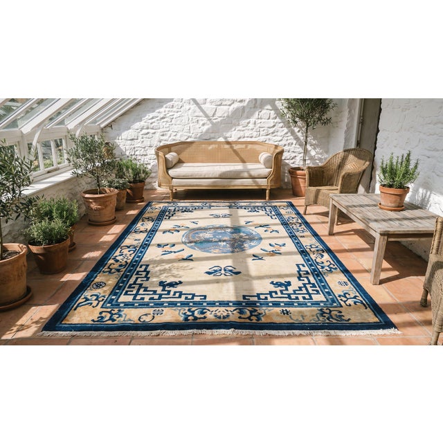 1880s Beige Medallion Antique Chinese Ningxia Rug 6' 0" X 8' 6" Handknotted Wool Carpet For Sale In New York - Image 6 of 8