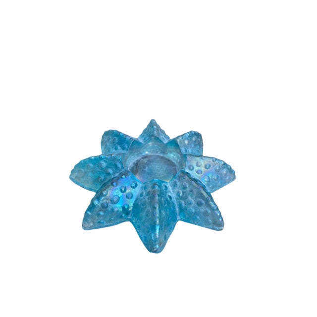Blue Blue Iridescent Mid Century Starfish Coastal Beachy Candle Holder, Carnival Glass Candle Vessel Textured Paperweight Inspired by Indiana Glass Company For Sale - Image 8 of 8