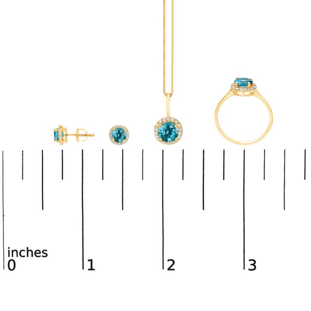10K Yellow Gold Blue Topaz and 3/8 Cttw Diamond Halo Jewelry Set (Earrings, Pendant & Ring) For Sale In New York - Image 6 of 6