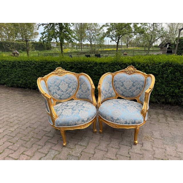 1940 Euro Artisan Louis XVI Gold Beech Damask Sofa Set-5 Pc For Sale - Image 4 of 18