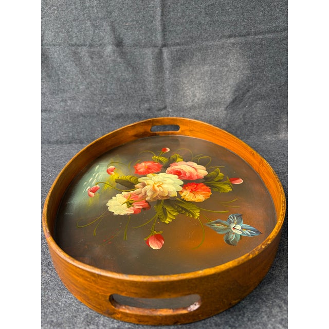 Mid 20th Century Vintage Oval Wood Floral Tole Painted Tray For Sale - Image 5 of 17