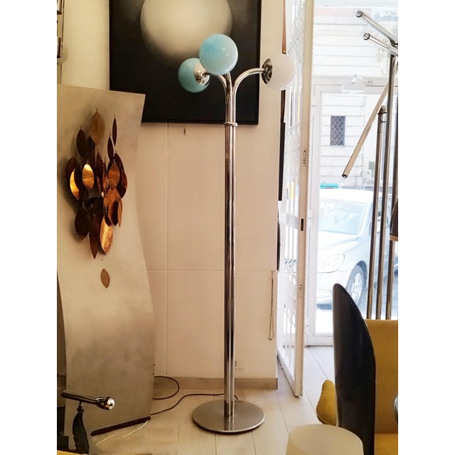 Floor lamp mod. Excelsior with chrome-plated metal frame and coloured glass diffusers. Prod. Francesconi for Design...