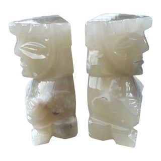 Set of 2 Large 1990s Aztec Style Figure Onyx Bookends For Sale