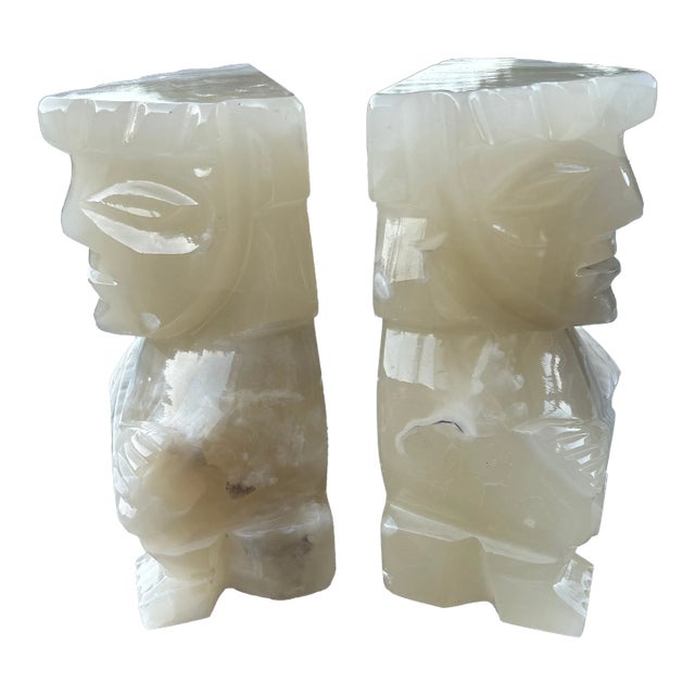 Set of 2 Large 1990s Aztec Style Figure Onyx Bookends For Sale