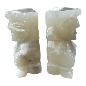 Set of 2 Large 1990s Aztec Style Figure Onyx Bookends