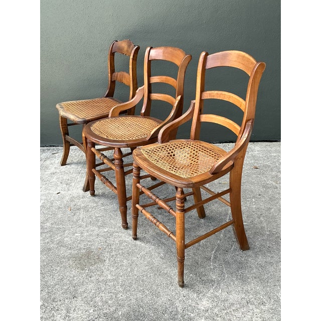 Vintage Collection of Cane Seat Chairs - Set of 3 For Sale - Image 4 of 12