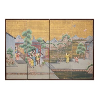 C. 1940s Vintage Chinese Painted Folding Screen "Flying Kites" For Sale