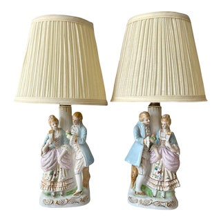 Pair of Vintage French Courting Couple Porcelain Lamps - Occupied Japan For Sale