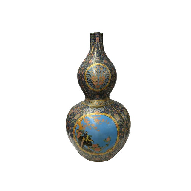 Oriental Purple Blue Gourd Shape Floral Graphic Porcelain Art Vase For Sale - Image 9 of 18