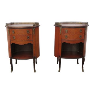 French Inlay Tall Oval Nightstands Side End Bedside Tables Commode a Pair For Sale