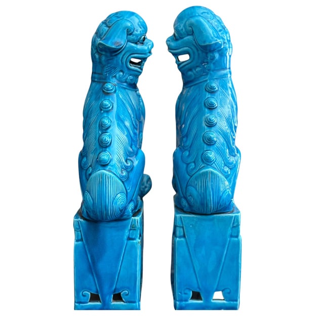Ceramic Vintage Pair Turquoise Blue Chinese Foo Dogs Guardian Lions on Pedestals – 12” Tall For Sale - Image 7 of 10