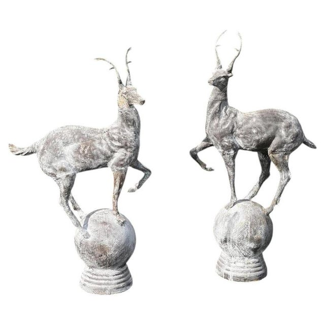 Cast Iron Stag Deer on Ball Garden Finial Sculptures, Set of 2 For Sale - Image 12 of 12