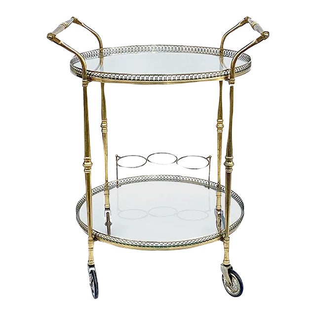 Round Brass Bar Trolley with Bottle Holder by Maison Baguès, 1950s For Sale