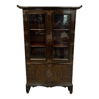 Early 20th C. Antique Korean Asian Chinoiserie Pagoda Cabinet Brass Details For Sale