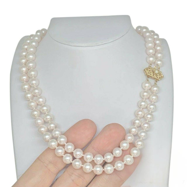 1990s Diamond Akoya Pearl Necklace 8 Mm 14k Gold 17 in 2-Strand Certified For Sale - Image 15 of 16