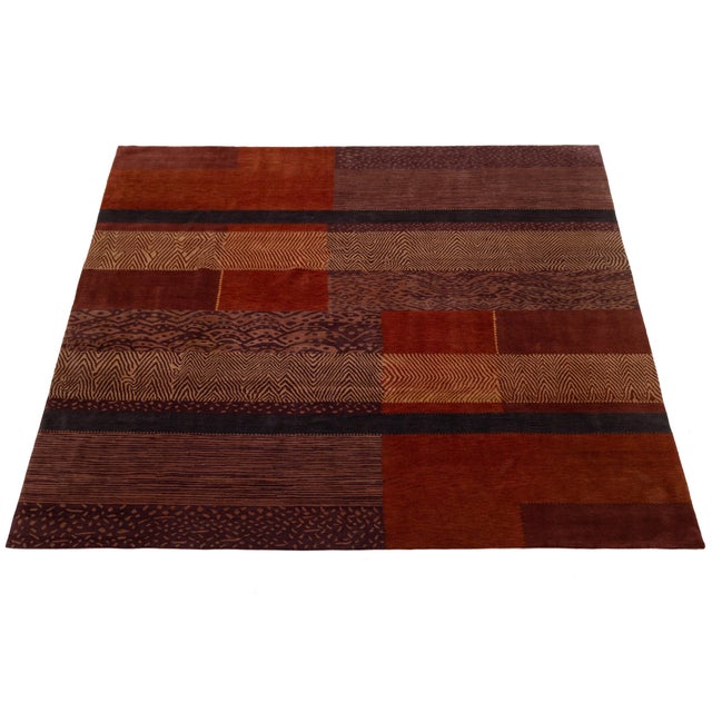 Textile Modern Tibetan Hand-Knotted Wool & Silk Rug With Patchwork Design in Red Tones For Sale - Image 7 of 10