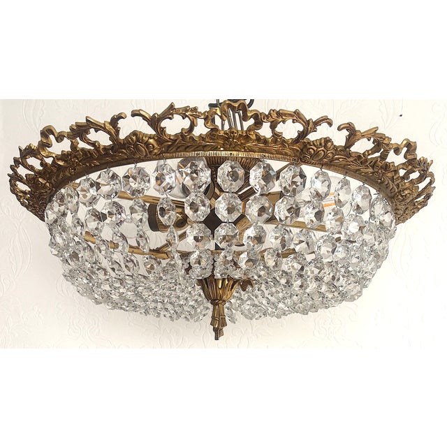 Mid-Century Modern Vintage Spanish Brass and Crystal Ceiling Lamp, 1950s For Sale - Image 3 of 14