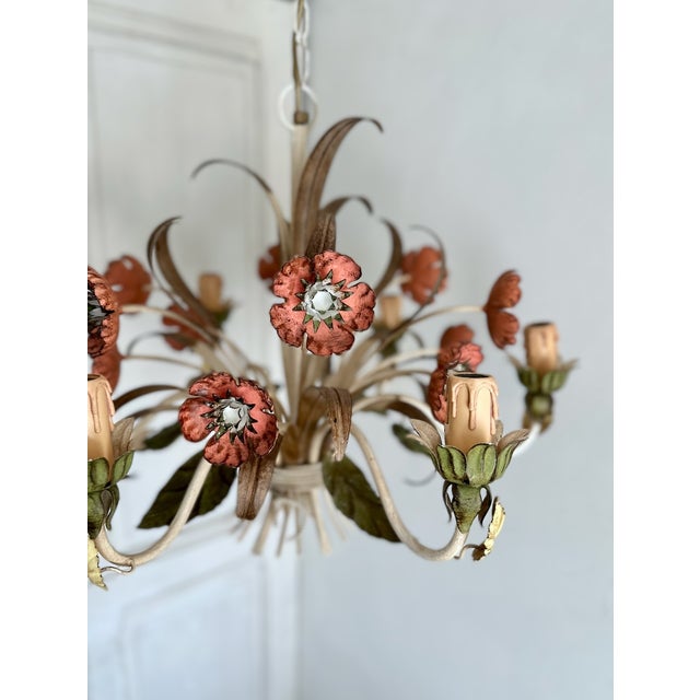 1970s Vintage Passeri Florentine Floral Chandelier in Hand-Painted Wrought Iron, Italy, 1960s For Sale - Image 5 of 15