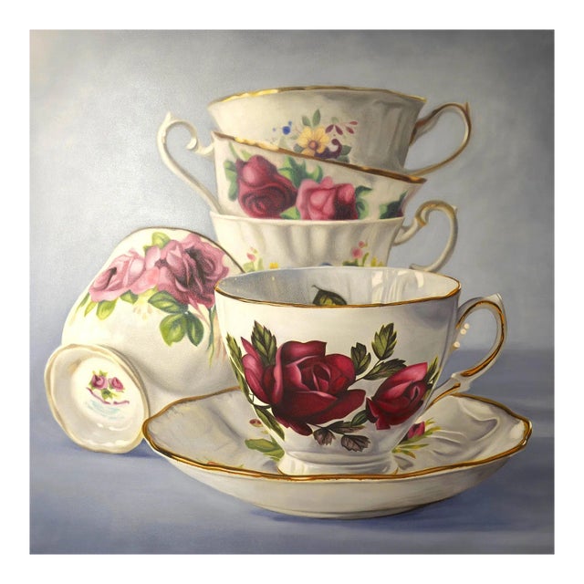 Rosemary, Oil Painting with Rose and Teacup, 2018 For Sale