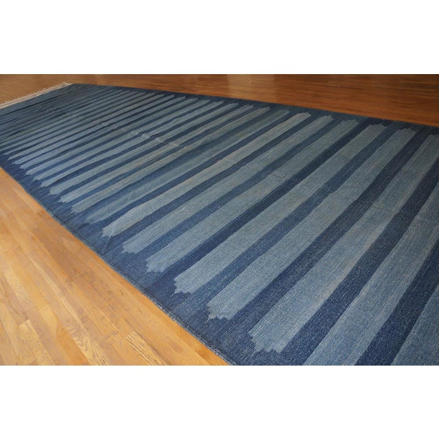 Indian 1930s Blue Stripe Antique Indian Cotton Dhurrie Rug 8'2'' X 40'2" Flatweave Carpet For Sale - Image 3 of 13
