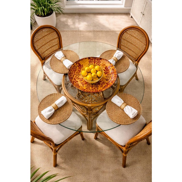 Late 20th Century Ratana Palm Beach Regency Rattan Dining Set – 5 Piece Round Glass Top Table With Newly Upholstered Linen Chairs For Sale - Image 4 of 11