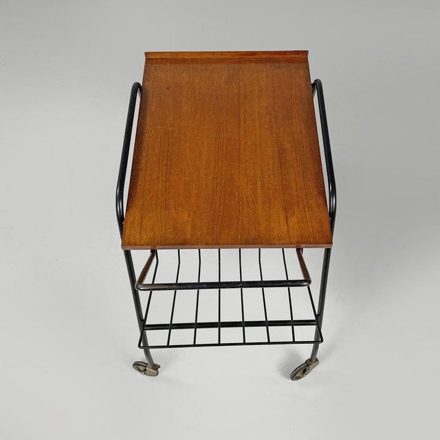 Metal Mid-Century Modern Italian Wood and Black Metal Trolley with Brass Wheels, 1960s For Sale - Image 7 of 17