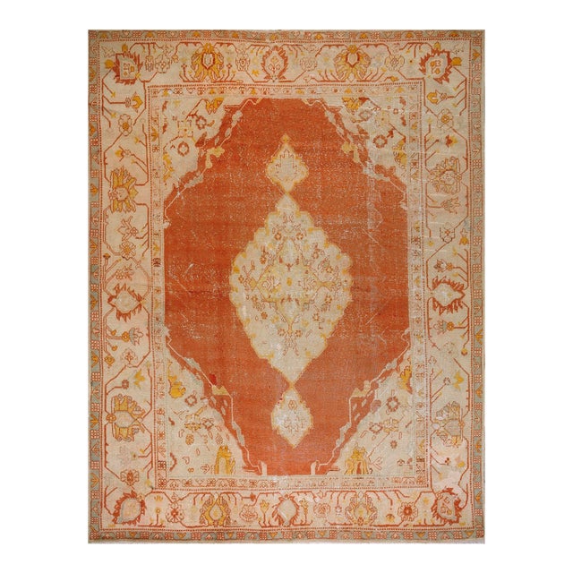 1880s Burnt Orange Medallion Antique Turkish Oushak Carpet 10' X 13' Knotted Wool Rug For Sale