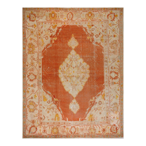 1880s Burnt Orange Medallion Antique Turkish Oushak Carpet 10' X 13' Knotted Wool Rug