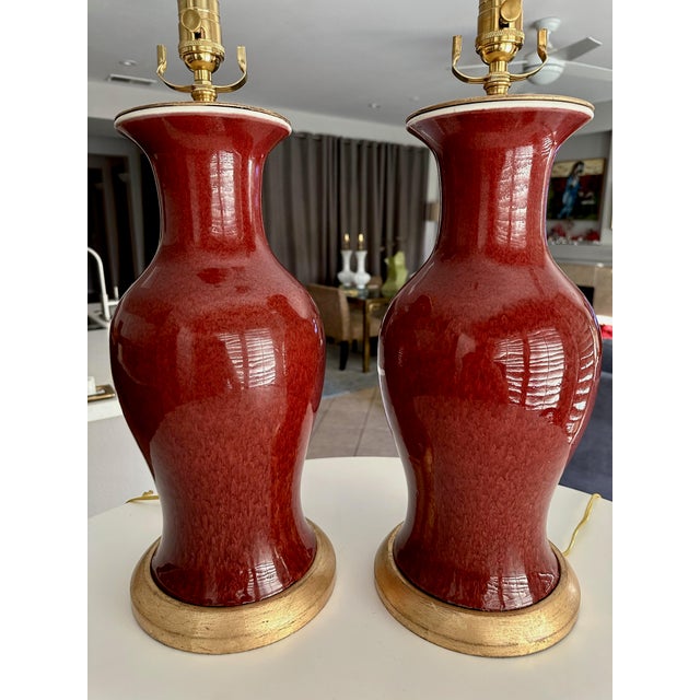 Pair 19th Century Chinese Flambe Oxblood Porcelain Table Lamps For Sale - Image 12 of 18