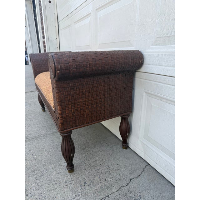Late 20th Century Vintage Boho Woven Rattan Wicker Scroll Arm Upholstered Bench For Sale - Image 5 of 12