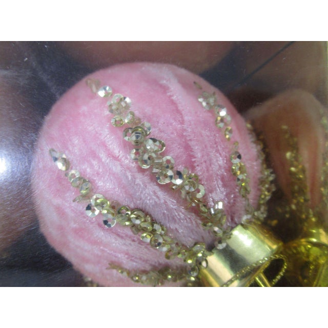 Pink Velvet Christmas Ornaments Gold Sequin Accents in Original Box a Set of Six For Sale - Image 4 of 8