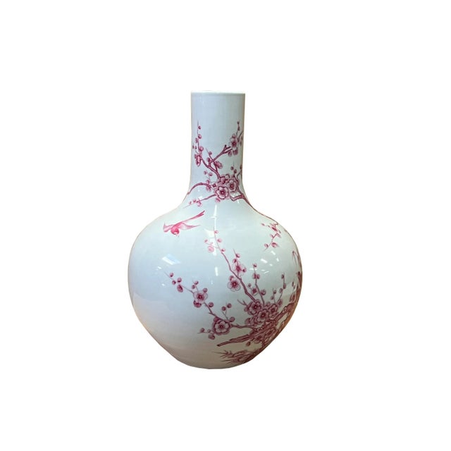 Chinese Chinese Porcelain Plum Red Flower Bird Fat Body Shape Vase For Sale - Image 3 of 7