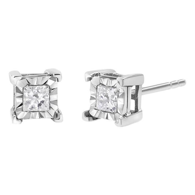 .925 Sterling Silver 1/4 Cttw Miracle Set Princess-Cut Diamond Solitaire Stud Earrings, A Pair For Sale