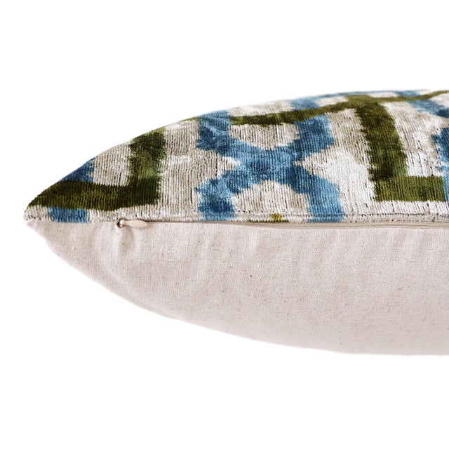 Handmade Velvet Ikat Lumbar Pillow 16x24 | Sky Blue & Olive Trellis For Sale In San Francisco - Image 6 of 6