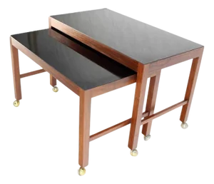 Pair Set Danish Mid Century Modern Walnut Base Black Laminate Nesting Table MINT