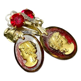 1950s Unsigned Coro Style Victorian/Neoclassical Revival Gold Cameo Cip-Back Earrings For Sale