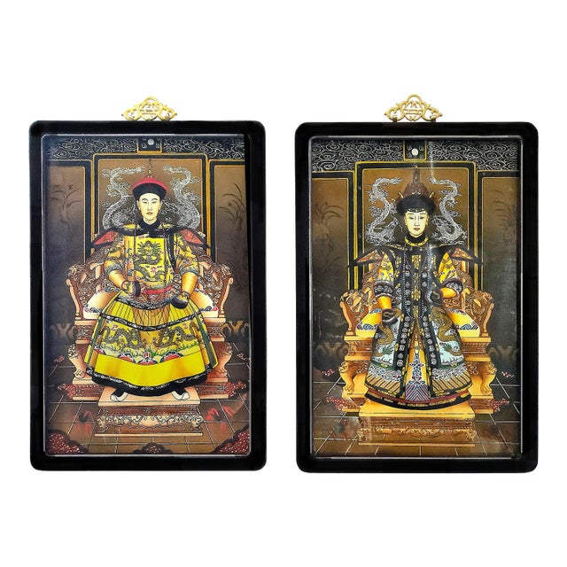 Antique Paintings Chinese Ancestral Portraits on Reverse Glass Pair 1940s For Sale