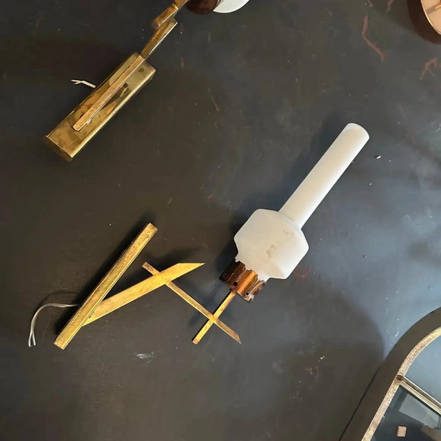 Two 1950s Stilnovo Style Mid-Century Modern Brass and Glass Italian Wall Sconces For Sale - Image 9 of 11