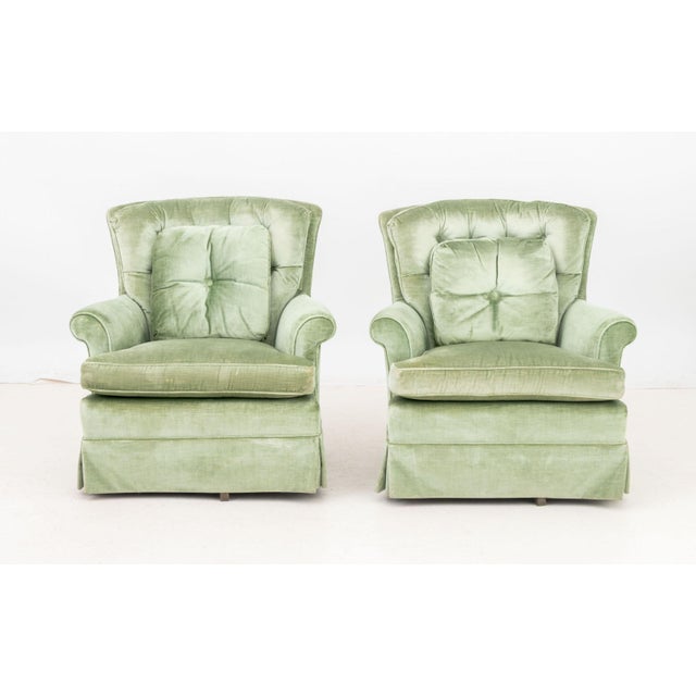 Pair of Sage Green Velvet Upholstered Button-Tufted Swivel Arm Chairs, each with matching pillow. 32.25" H x 32" W x 32"...