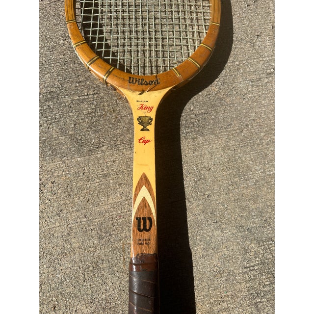 Wood Collection of Vintage Wooden Wilson Tennis Rackets With Cover and Blue and Yellow Accents For Sale - Image 7 of 9