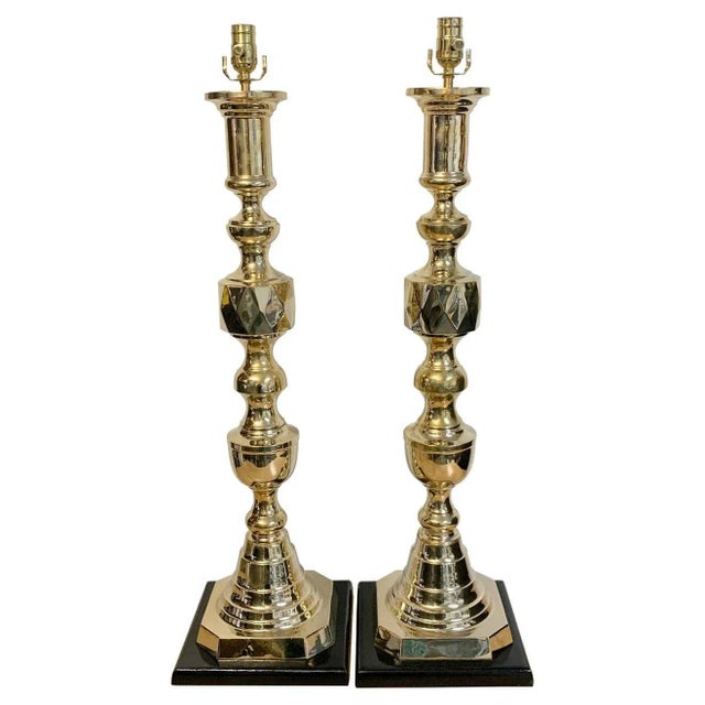 Mid 20th Century Monumental 'Ace of Diamonds' Brass Candlestick Lamps - a Pair For Sale - Image 10 of 10