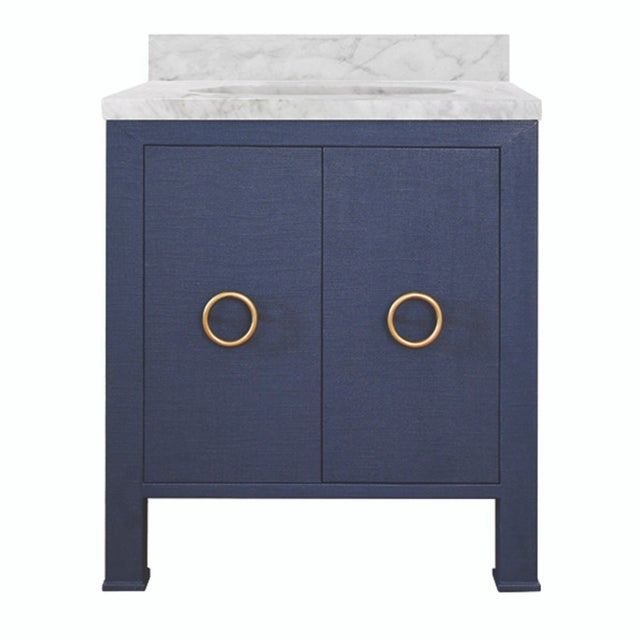 Matthew Izzo Home Blanche Textured Navy Linen Single Porcelain Sink Bath Vanity With Carrara Marble Top and Backsplash and Brass Hardware For Sale - Image 10 of 10
