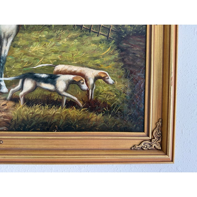 Large Vintage Oil Painting English Fox Hunt Horses Hounds Hunting Scene Art For Sale - Image 9 of 15