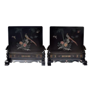Chinoiserie Wood Screen Room Dividers, Pair