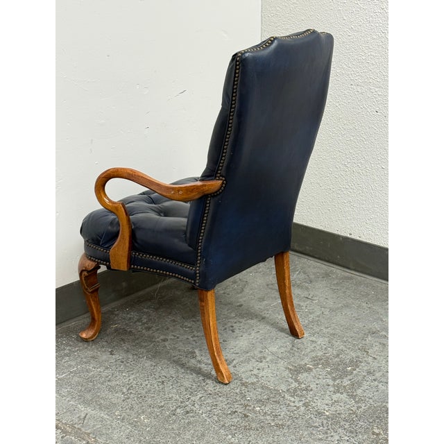 Queen Anne Style Tufted Blue Leather Armchair, Vintage For Sale - Image 11 of 14