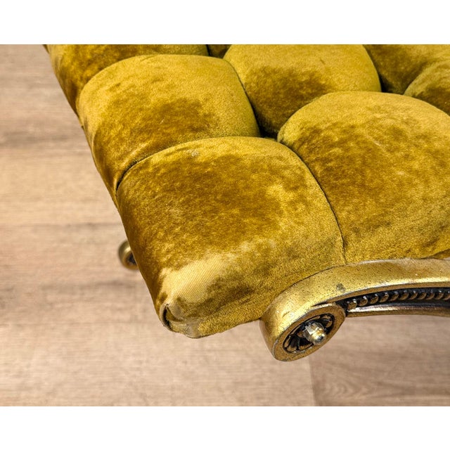 Vintage French Regency Double X Gilded Green Velvet Tuft Window Bench For Sale - Image 12 of 15