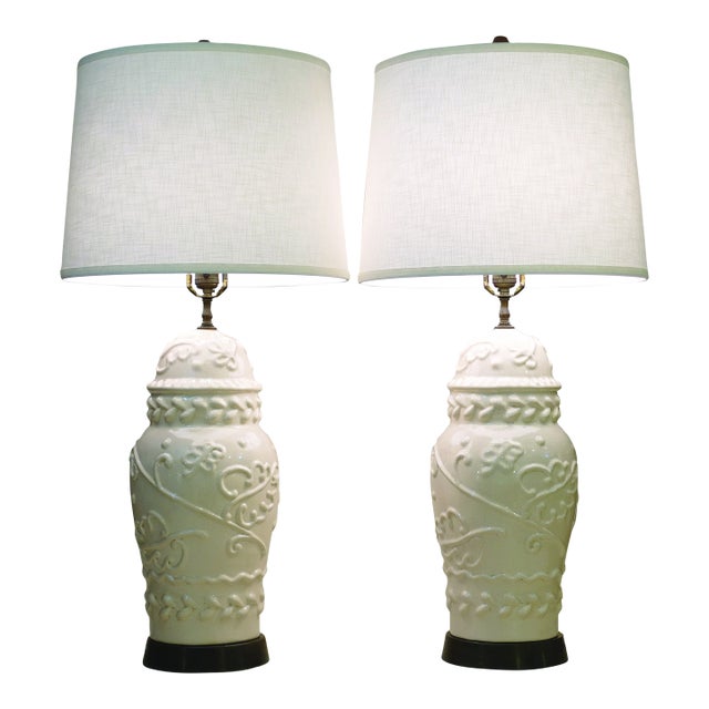 1960s XL Matched Pair Relief Cream Crackle Glazed Porcelain Ceramic Lamps Majolica Italy - a Pair For Sale
