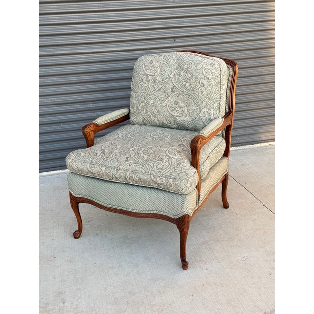 1970s 1970s Hickory White French Provincial-Style Bergère Armchair in Sage Green Brocade & Geometric Fabric For Sale - Image 5 of 14