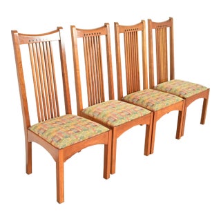 Stickley Arts & Crafts Cherry Wood High Back Spindle Dining Chairs, Set of Four For Sale