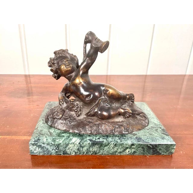 Art Nouveau Pair of Vintage Bronze Belle Époque Style Bacchic Putti Bookends on Verde Marble, in the Manner of Auguste Moreau For Sale - Image 3 of 12